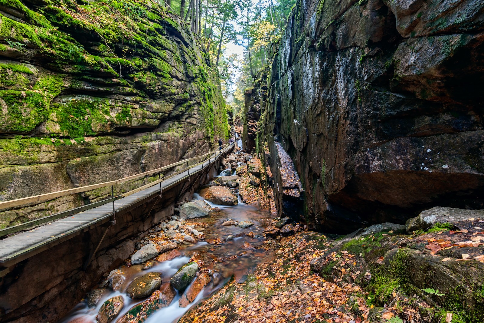 Franconia Notch Flume Gorge is accessible all year long in the White Mountains of New Hampshire. 