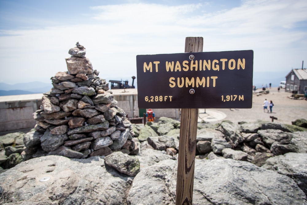 Summit sign at the top of Mount Washington in New Hampshire