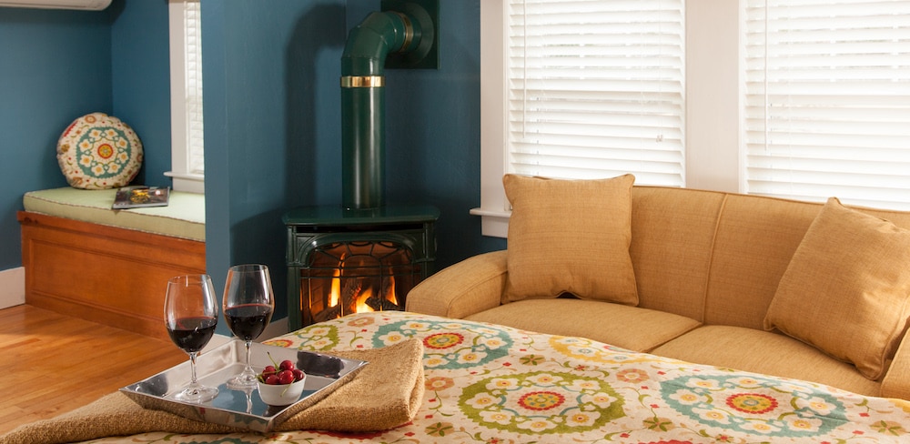 Wine and a fireplace in one of our guest rooms - the perfect place to come home to after enjoying the best things to do in the White Mountains
