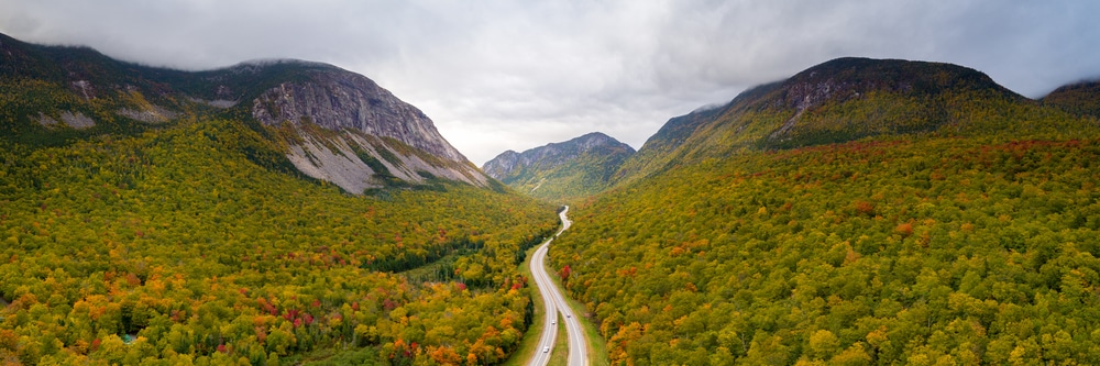 Aerial view of Franconia Notch State Park, one of the top things to do in the White Mountains in 2023