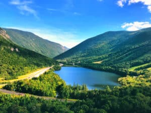 A view of Echo lake while hiking in Franconia Notch State Park, located a short drive from our New Hampshire Bed and Breakfast
