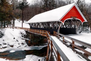 covered bridge in the Flume gorge - one of the best things to do in the White Mountains in winter